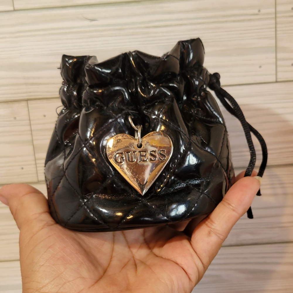 Small GUESS Black Drawstring Quilted Patent Leather Pouch Watch Bag Jewelry Bag